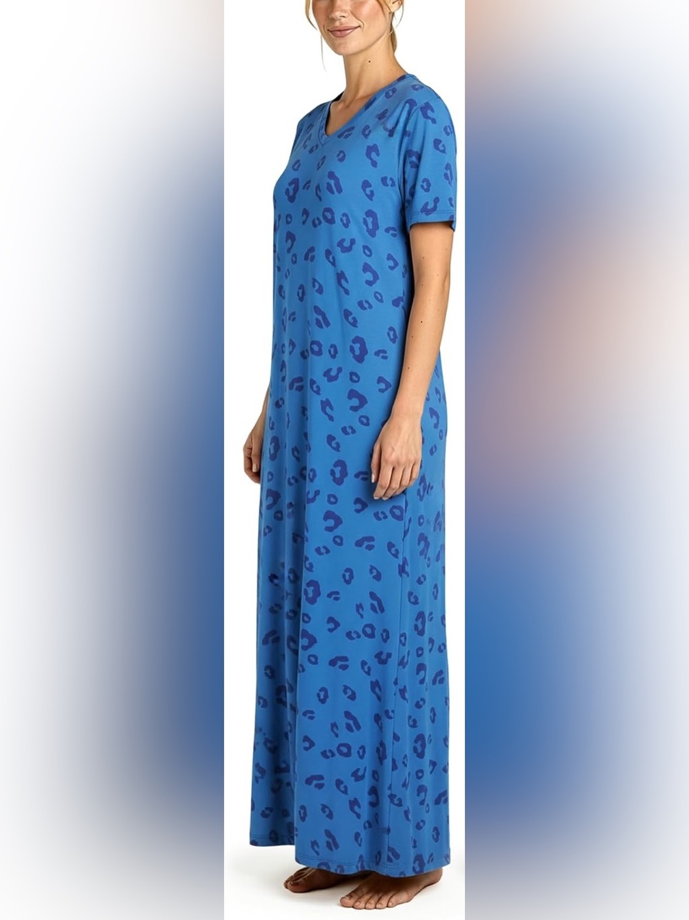 Blue Leopard-Print V-Neck Sleep Maxi Dress - Women